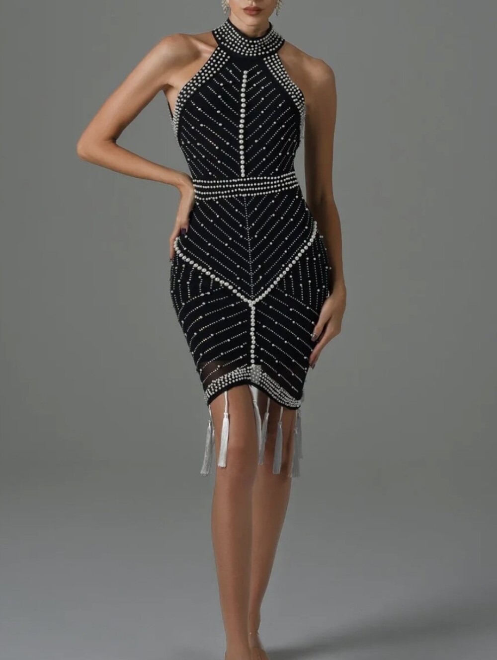Bella Barnett Style Pearl AB Crystal Fringed Bandage Dress Black S